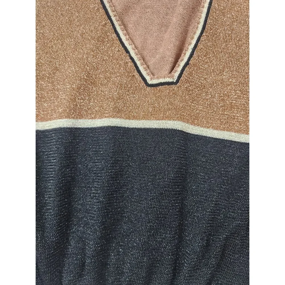 Free People gold dust plunging v-neck color block pullover sweater sz large crop